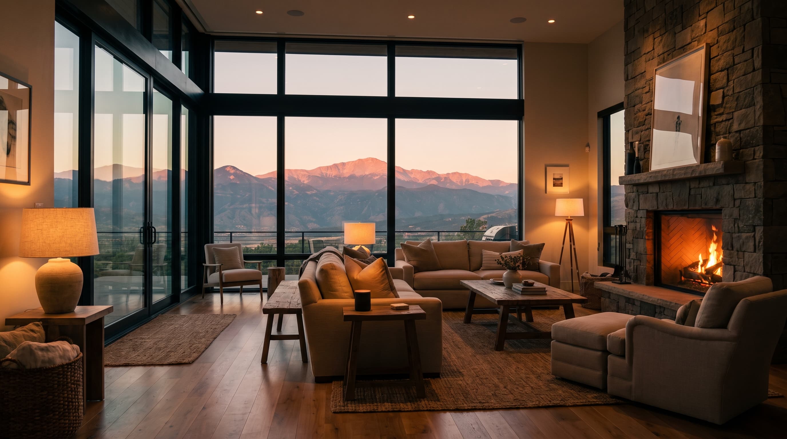 Warm mountain living room at dusk with Pikes Peak alpenglow through the windows