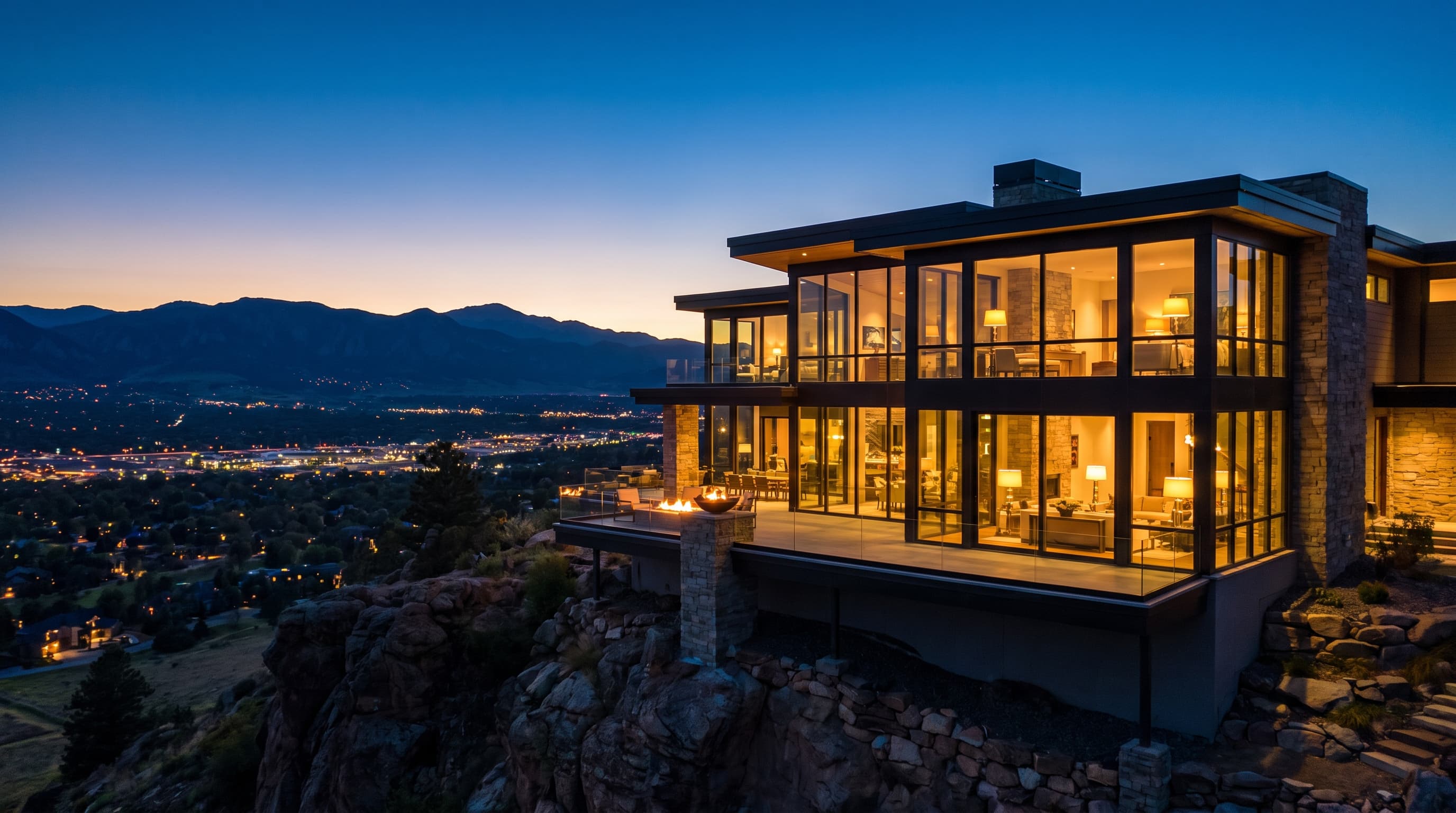 Cliff-edge glass mountain home overlooking Colorado Springs city lights at twilight