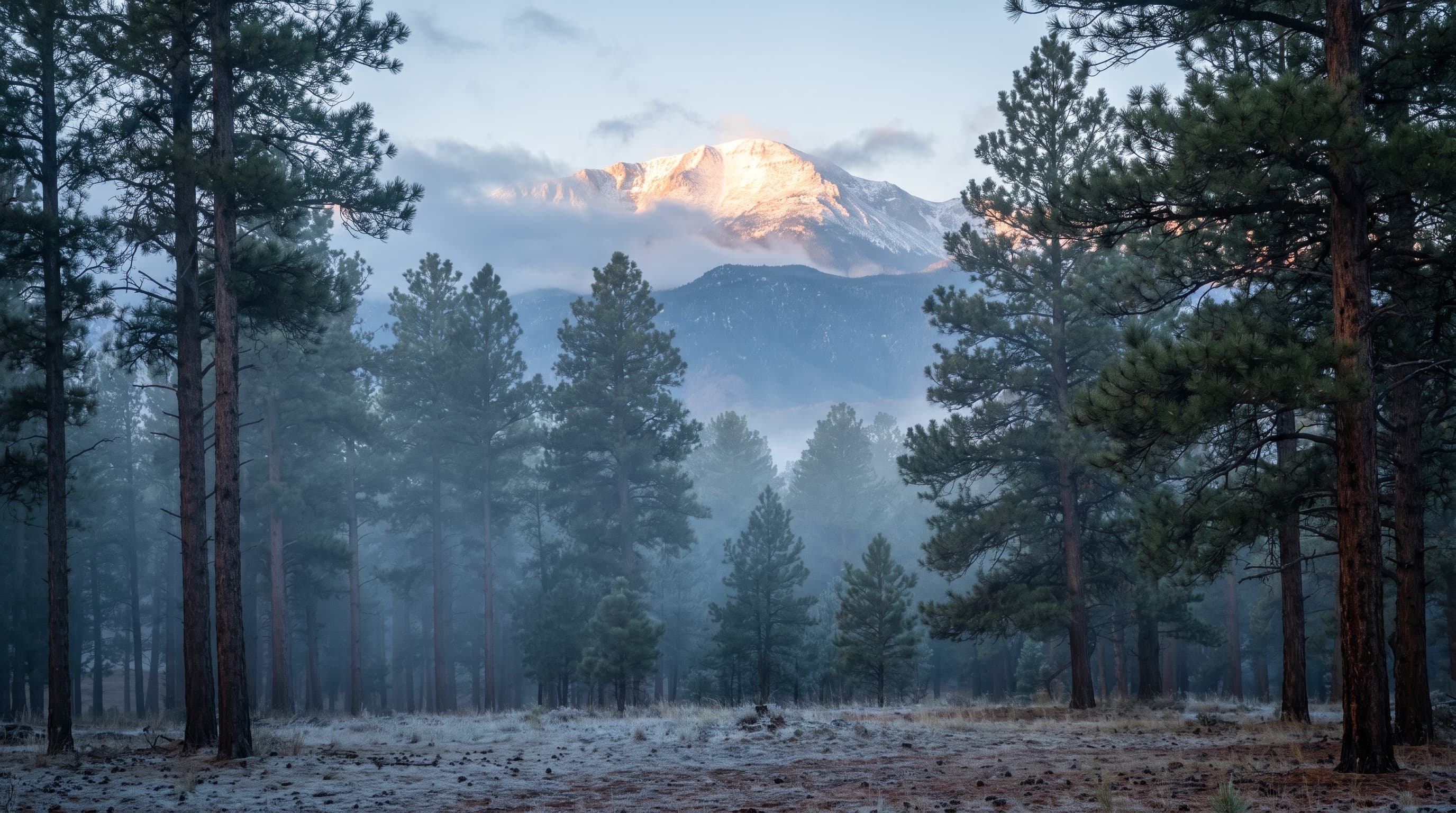 Misty ponderosa pine forest at dawn with Pikes Peak catching first light