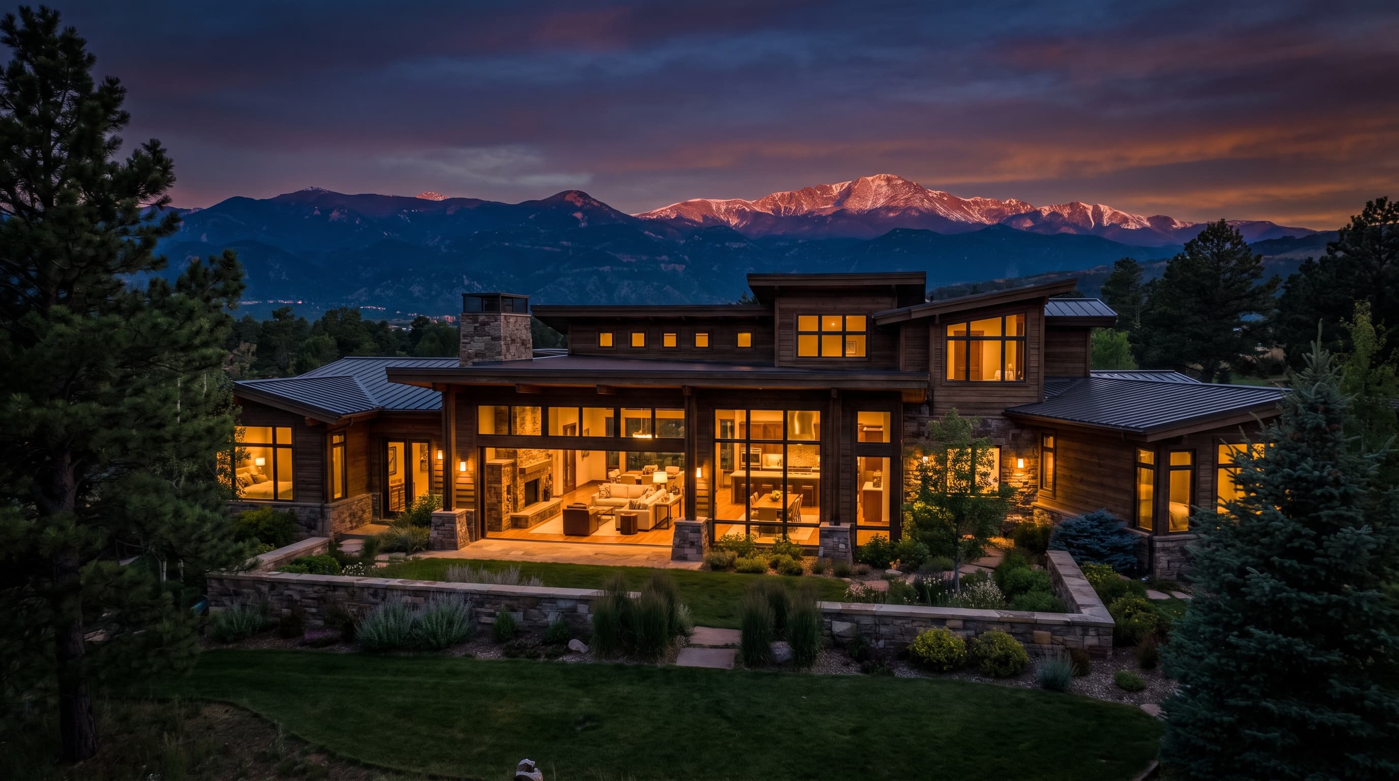 Contemporary Colorado Springs mountain home glowing warm at dusk below Pikes Peak