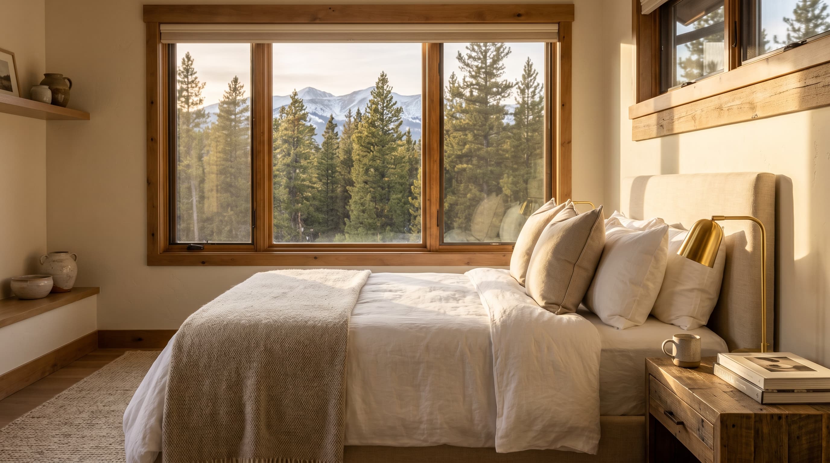 Impeccably turned-over bedroom with crisp linens and a mountain view