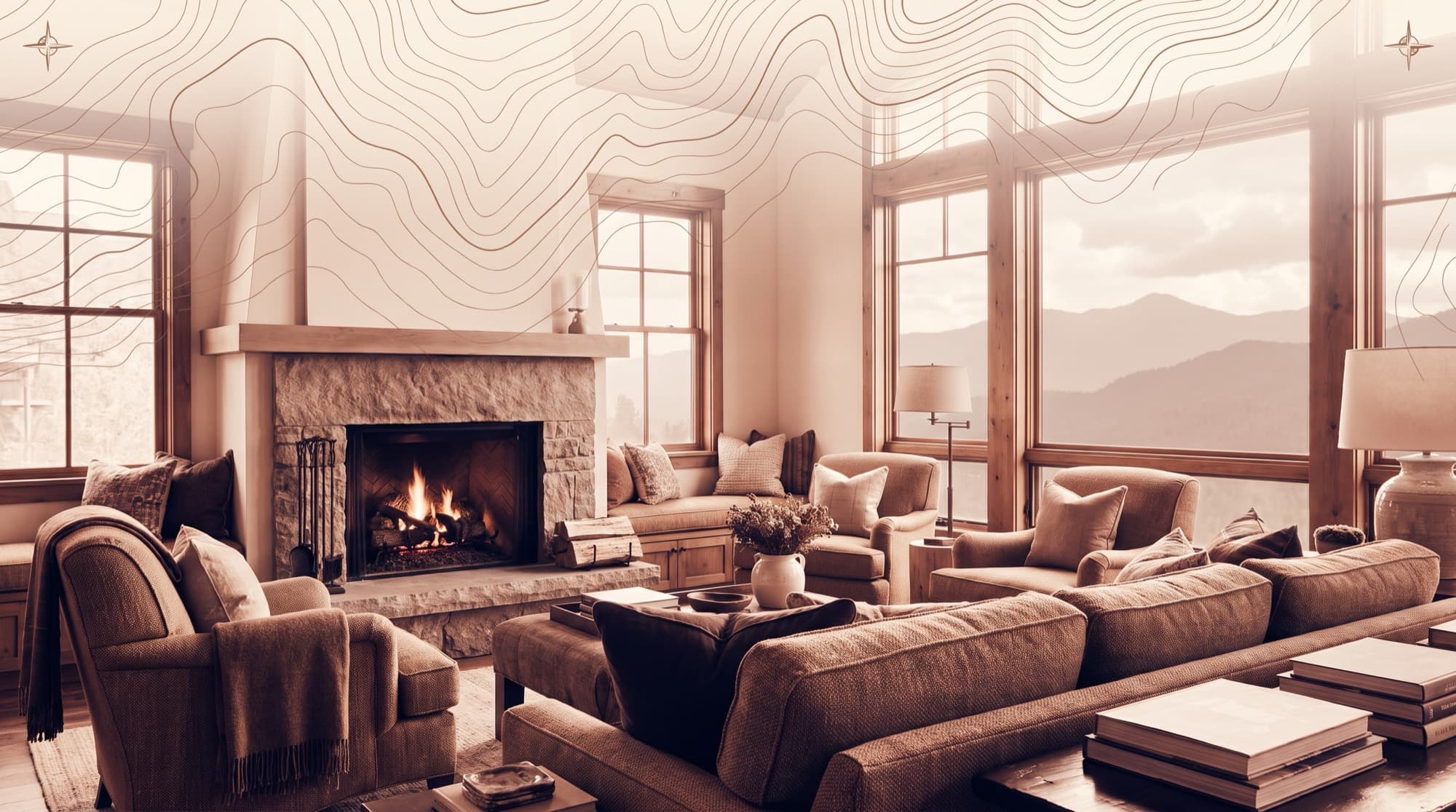 A Colorado living room run to a hotel standard, mountains beyond the windows